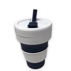 Stojo Collapsible Cup Mug 16oz. Max Contents White Blue + Straw